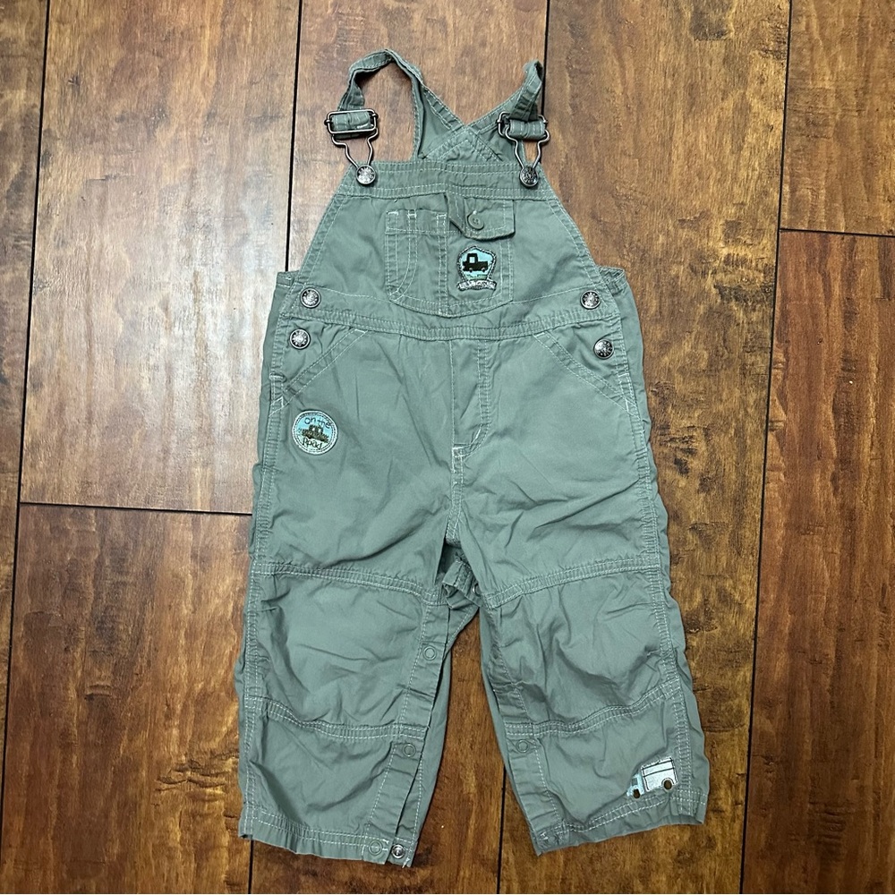 Olive green 18 month toddler boys overalls with truck details